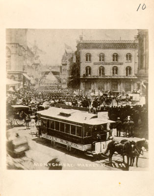 [City Railroad Company horse car at Market and Montgomery streets]