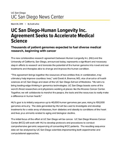 UC San Diego-Human Longevity Inc. Agreement Seeks to Accelerate Medical Science