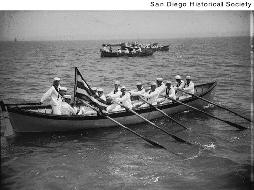 Sailors in a row boat in San Diego Harbor