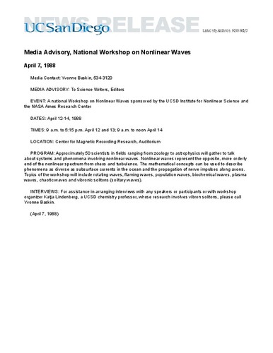 Media Advisory, National Workshop on Nonlinear Waves