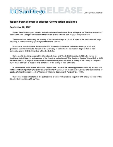 Robert Penn Warren to address Convocation audience