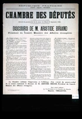 Extrait du proces-verbal de la seance du mardi 19 septembre 1916. Discours de M. Aristide Briand, president du conseil, ministre des affaires etrangeres