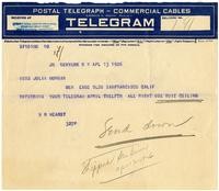 Telegram from William Randolph Hearst to Julia Morgan, April 13, 1926