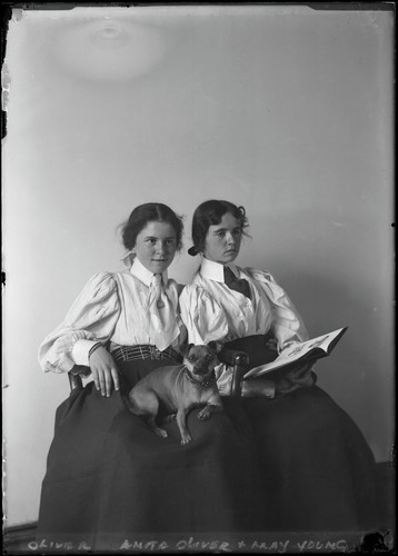 Portrait of Anita Oliver and May Young with dog Ginger. [negative]