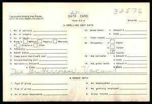 WPA Low income housing area survey data card 231, serial 32576, vacant