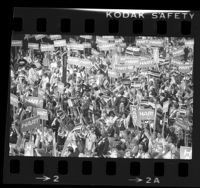 Delegates waving Hart and Mondale signs at the 1984 Democratic National Convention in San Francisco, Calif