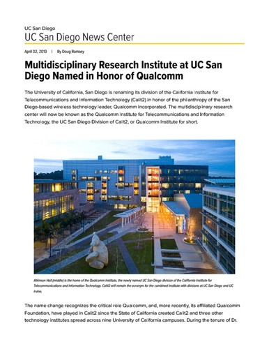 Multidisciplinary Research Institute at UC San Diego Named in Honor of Qualcomm