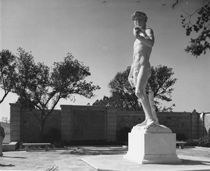 A side view shot of the sculpture David in the Forest Lawn Memorial Park