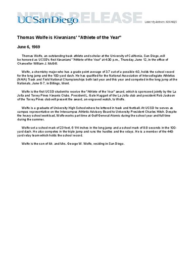 Thomas Wolfe is Kiwanians' "Athlete of the Year"