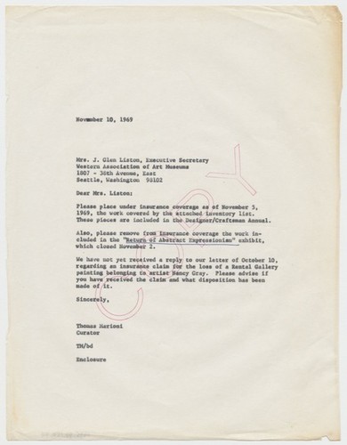 Letter to Mrs. J. Glen Liston, Executive Secretary, Western Association of Art Museums from Tom Marioni (The Return of Abstract Expressionism folder)