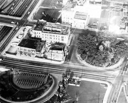 Aerial view of the Plaza and Pico House block