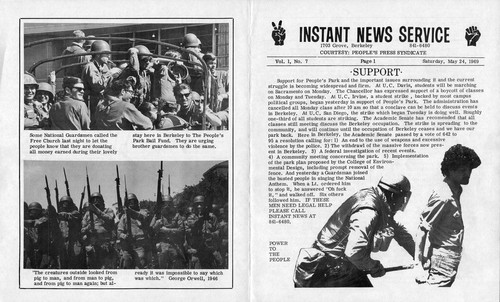 Instant News Service, Saturday May 24, 1969, National Guardsmen donate money to Free Church bail fund; Berkeley Free Clinic opens