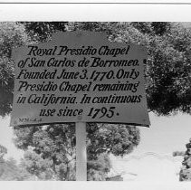 View of the sign for the Royal Presidio Chapel of San Carlos de Borromeo in Monterey County, Landmark #105