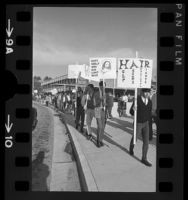 "Longhaired" students with placards, picketing in protest to dress code at Palisades High School, Pacific Palisades, Calif., 1966