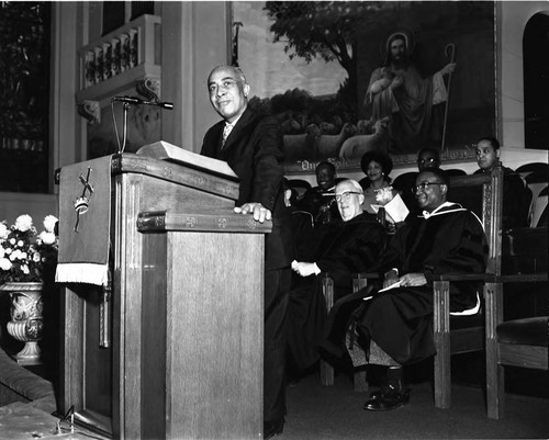 Gilbert Lindsay speaking from the pulpit of Second Baptist Church, Los Angeles, 1964