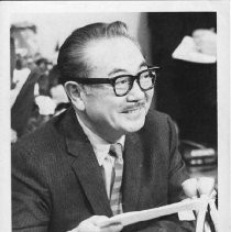 Dr. S.I. Hayakawa testifying before the California Legislature. Hayakawa was an English professor at San Francisco State U. from 1955 to 1968, President from 1968 to 1973, President Emeritus from 1973-1977, and a California Senator from 1977 to 1983