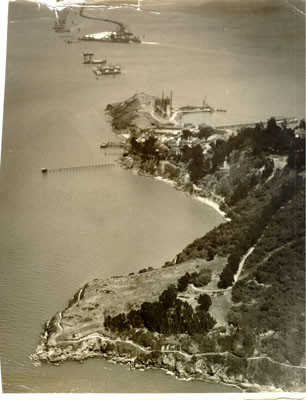 [Aerial view looking eastward at Yerba Buena Island showing East Bay Crossing section under construction for San Francisco-Oakland Bay Bridge]