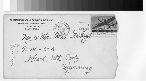 Letter, 1942 November 9, Los Angeles, Calif. to Mr. and Mrs. Arthur Ishigo, Heart Mountain, Cody, Wyo