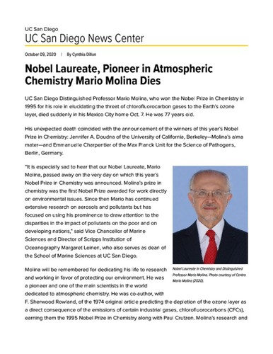 Nobel Laureate, Pioneer in Atmospheric Chemistry Mario Molina Dies