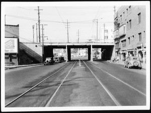 View of the Sunset Boulevard overpass on Glendale Boulevard before reconstruction, April 7, 1934