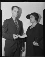 P.J. Keyser offers Stella Chubb a check from the Los Angeles Times Travel and Pedestrian Accident Policy in lieu of her husband's death, Redlands, 1935