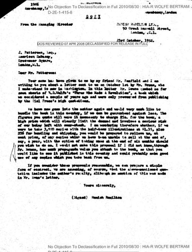 Hamish Hamilton letter to J. Patterson regarding Wolfe's book "Three Who Made a Revolution," with attachment