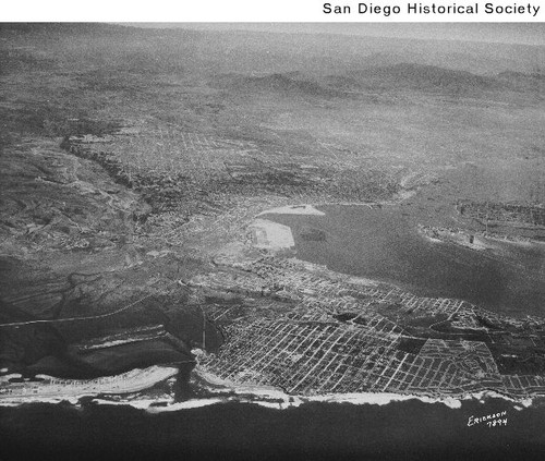 Aerial view of Ocean Beach and San Diego Bay looking east