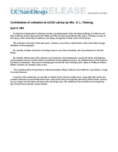 Contribution of collection to UCSD Library by Mrs. G. L. Fleming