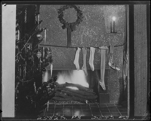 Fireplace and Christmas decorations, [Santa Monica, 1929]