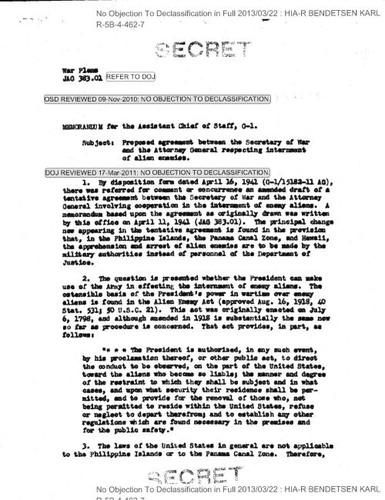 Gullion memo regarding proposed agreement between the Secretary of War and the Attorney General respecting internment of alien enemies