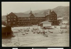 View of the Hotel Metropole with the shore of the harbor in the foreground, Avalon, Catalina, ca.1900