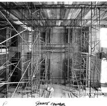 View of the steel supports inside the State Senate Chamber as part of the restoration of the California State Capitol building