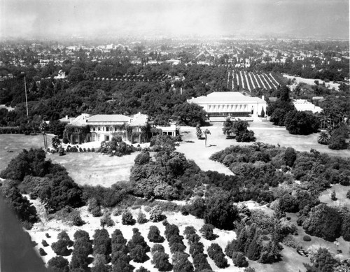 Aerial view of Huntington residence, library building, and grounds, September 1930