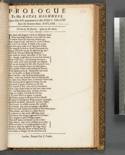 Prologue to His Royal Highness, upon his first appearance at the Duke's Theatre since his return from Scotland. Written by Mr. Dryden. Spoken by Mr. Smith