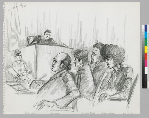 [recto]: For AP [Associated Press] Davis Trial [black & white, pencil sketch]; Judge Richard Arnason; Leo Branton, Jr.; Doris Brin Walker; Howard Moore, Jr.; Angela Davis