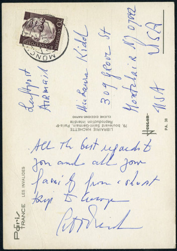 Postcard from Peter Drucker to Miss Laura Kidd