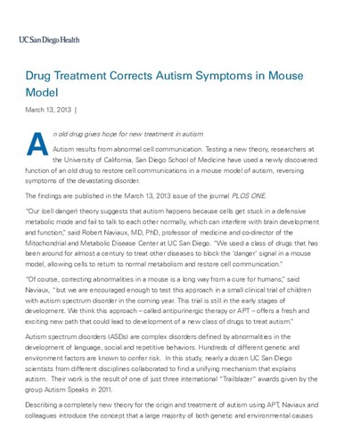 Drug Treatment Corrects Autism Symptoms in Mouse Model