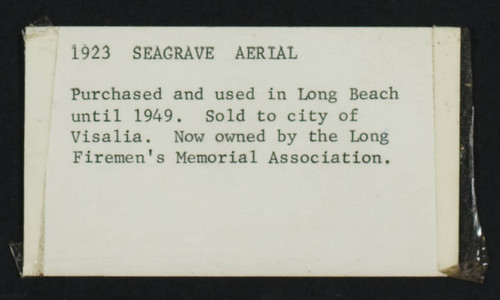 Back of business card with descriptive information on 1923 Seagrave Aerial