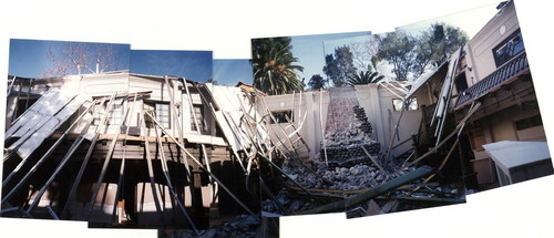 Panoramic shot of of damage to Brandeis-Bardin Institute Main House after 1994 Northridge Earthquake