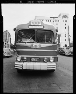 Greyhound bus #751 to show damage, Los Angeles, CA, 1941