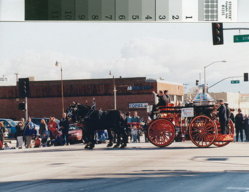 Bakersfield Centennial parade, horse-drawn fire department hose wagon