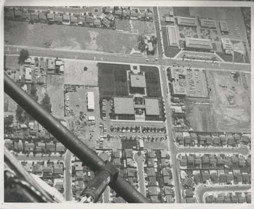 Aerial view of Cypress Civic Center and Oxford Junior High School before the construction of the library, Orange Avenue at Grindlay