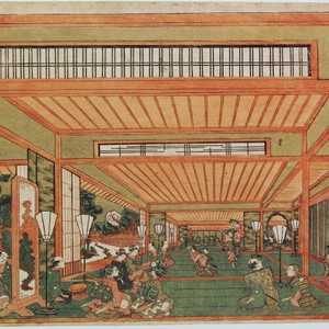 Interior of Shoin style architecture with dancers performing horse ...
