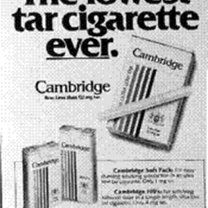 Cambridge Box: The lowest tar cigarette ever. ULTRA LOW TAR Cambridge —  Calisphere