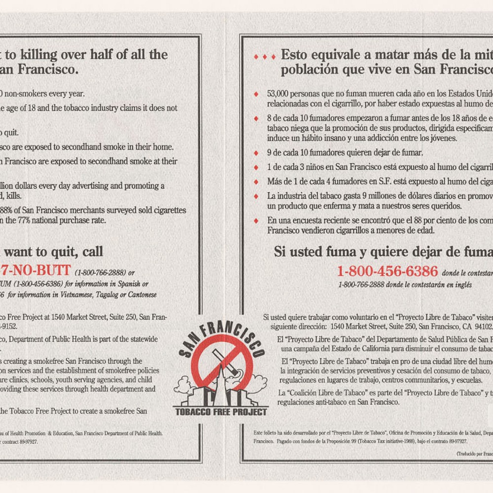 san francisco tobacco free project English/Spanish smoking cessation leaflet — Calisphere