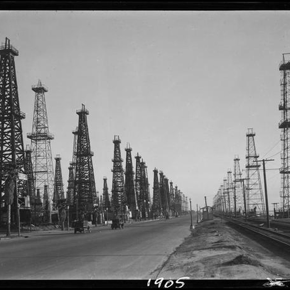 Oil well drilling rigs along Pacific Coast Highway