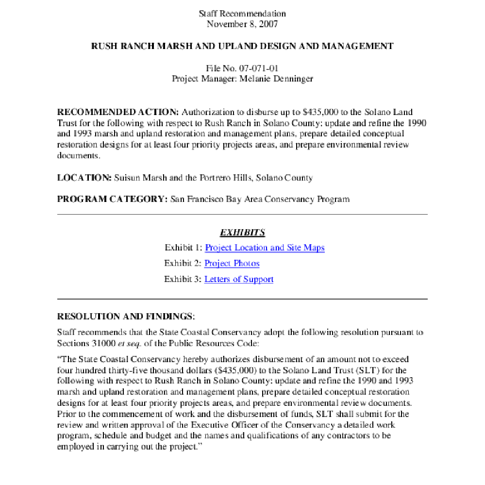 Staff recommendation, November 8, 2007: Rush Ranch marsh and upland design  and management — Calisphere