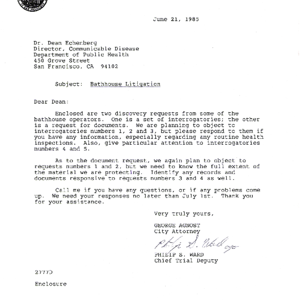 Discovery requests from bathhouse operators, with accompanying