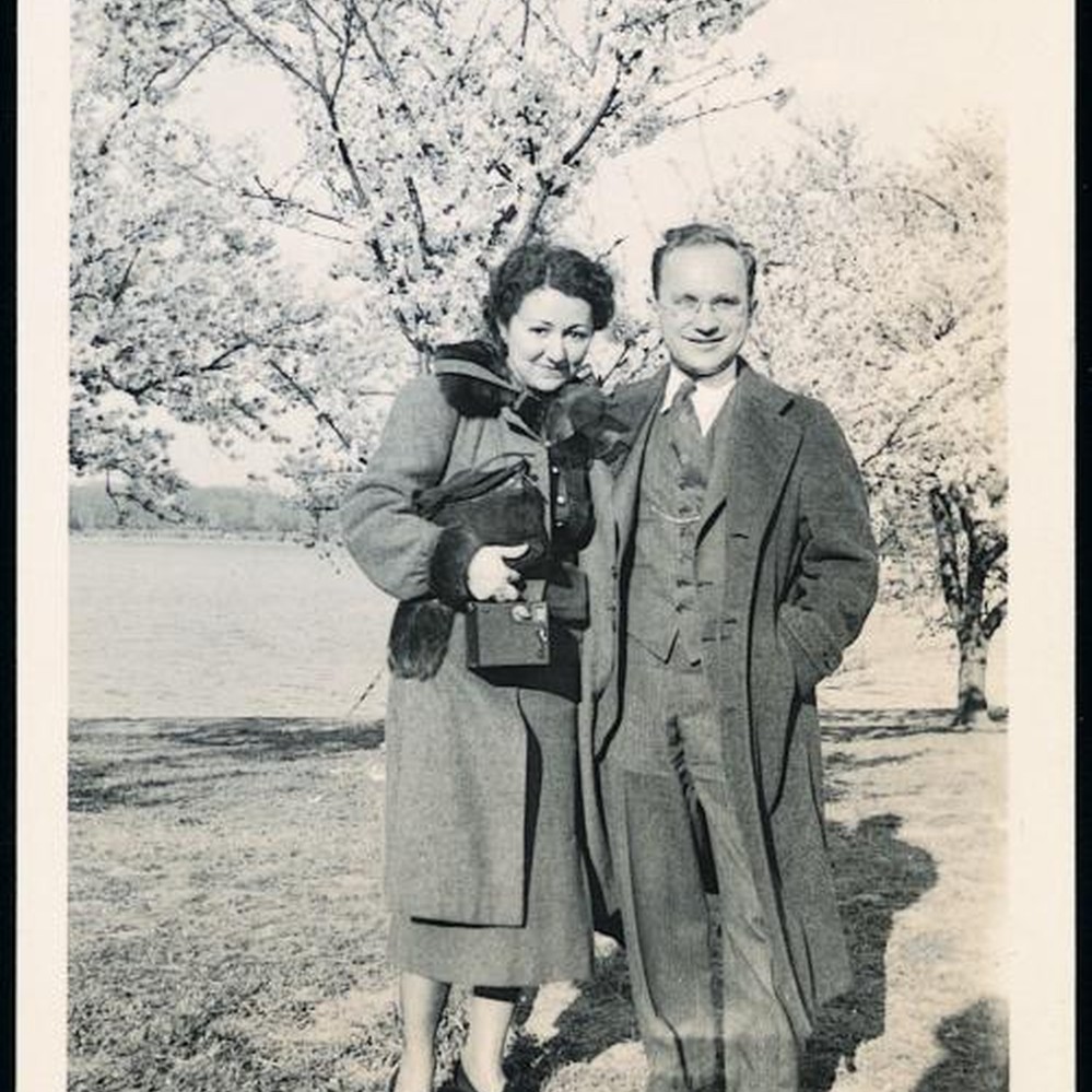 Photograph of Rose and Milton Friedman in overcoats, standing in front of blossoming tree and body of water — Calisphere