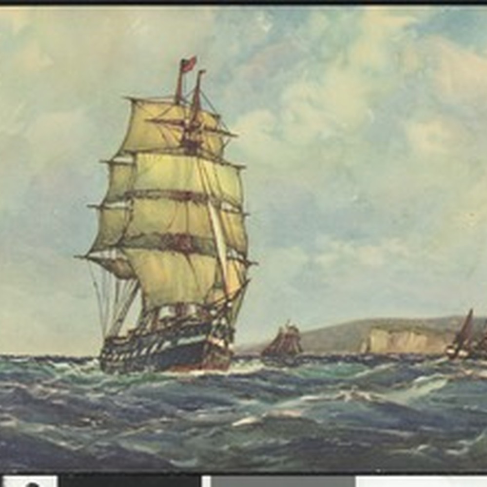 Colored painting of sailing ship on sea, showing several